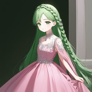 beautiful young Princess, big ambar eyes, long Green hair, hair combed in a braid, Pink elegant dress with deep neckline, 
innocent and melancholic look
