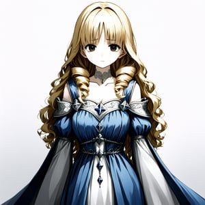 Beautiful young nobel medieval Women, Age 18,  
wavy golden hair, curly fringe, long to mid-back, Fantasy medieval sky blue ampon dress
, skin like porcelain, black eyes, big eyes, very big tits, small hips, thin, plunging neckline,  sad look, innocent and fearful, look front, white background, V-neck, 