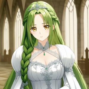 beautiful Princess of 18 , big Yellow eyes, long Green hair, hair combed in a braid, Fantasy wedding ampondress with deep neckline, big chest
innocent and sad look, tearfull eyes, mid body, medieval fantasy king room background