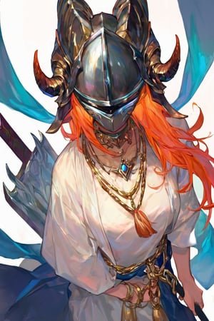 score_9, score_8_up, score_7_up, score_6_up,woman, helmet, horns, sword, black helmet, black face mask, necklace, gold chain, tassel, light brown long-sleeved shirt, vibrant painting, high-angle perspective, holding sword, white background, bent right arm, left hand in front, black necklace, silver visor, orange hair, draped hands, full-frame shot, focal point