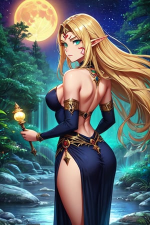 A mystical female elf stands before a moonlit forest, her ethereal eyes shimmering like star clusters. Her slender physique is draped in plain black medieval garb, concealing her impressive bust. Long, flowing blonde locks cascade down her back like a river of gold. A mesmerizing aura of blue and green magic surrounds her, punctuated by a symbol on her forehead marking the magical third eye. Her stern expression commands attention, as if guarding ancient secrets beneath her starry gaze.