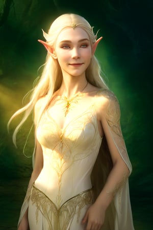 score_9, score_8_up, score_7_up,An ethereal depiction of a lady elf, her delicate, slender figure brimming with poise and strength, resplendent under the radiant glow of her pale luminous skin, silken strands of hair cascading down her back, encapsulating her otherworldly grace, high cheekbones, alluring almond eyes shimmering with intelligence, smile radiant, a dress adorned with elven patterns, finely chiseled.