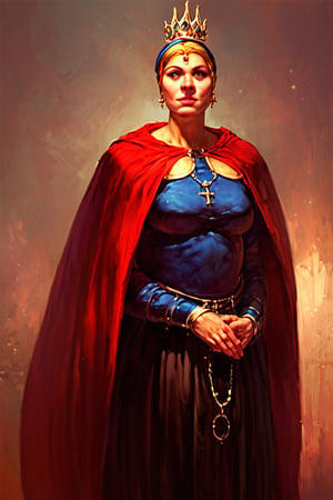 score_9, score_8_up, score_7_up, justin_sweet_style illustration of 1girl, cleric solo, fat physique, crown, tiara, blue breastplate, black skirt, red cape, short blonde hair, realistic