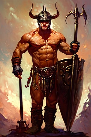 score_9, score_8_up, score_7_up, justin_sweet_style illustration of 1boy, solo, muscular, Helmet, horns, hammer and shield, no amor, dark fantasy, realistic, EasyNegativeV2