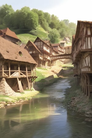 score_9, score_8_up, score_7_up, Fantasy_look illustration, summer, sunshine, fantasy, nature, scenery, river, village, buildings, outdoors, water, realistic,EasyNegativeV2