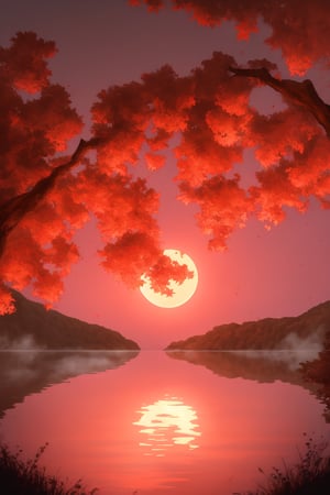 A serene lake lies cradled amidst rolling hills, bathed in the light hues of a setting moon. The sky above is a canvas of deep reds and pink, blending together in a breathtaking display. Lush, verdant trees with leaves tinged in autumnal gold frame the lake, their reflections shimmering in the tranquil waters. Delicate wisps of fog drift lazily across the scene, adding a touch of mystique. Floating lanterns, glowing softly, dot the lake's surface, casting a gentle, ethereal light. The air is filled with the scent of blooming flowers, and the distant call of birds adds a harmonious note to this picturesque, magical setting.