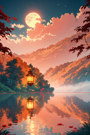 A serene lake lies cradled amidst rolling hills, bathed in the light hues of a setting moon. The sky above is a canvas of deep reds and pink, blending together in a breathtaking display. Lush, verdant trees with leaves tinged in autumnal gold frame the lake, their reflections shimmering in the tranquil waters. Delicate wisps of fog drift lazily across the scene, adding a touch of mystique. Floating lanterns, glowing softly, dot the lake's surface, casting a gentle, ethereal light. The air is filled with the scent of blooming flowers, and the distant call of birds adds a harmonious note to this picturesque, magical setting.