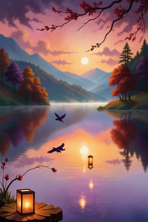 A serene lake lies cradled amidst rolling hills, bathed in the warm hues of a setting sun. The sky above is a canvas of deep reds and purples, blending together in a breathtaking display. Lush, verdant trees with leaves tinged in autumnal gold frame the lake, their reflections shimmering in the tranquil waters. Delicate wisps of fog drift lazily across the scene, adding a touch of mystique. Floating lanterns, glowing softly, dot the lake's surface, casting a gentle, ethereal light. The air is filled with the scent of blooming flowers, and the distant call of birds adds a harmonious note to this picturesque, magical setting.