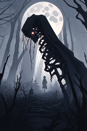 Under the eerie glow of a full moon, a dense forest looms ominously. Gnarled trees cast twisted shadows, their branches resembling skeletal fingers clawing at the sky. The air is thick with an unsettling silence, broken only by the occasional rustle of leaves. In the distance, a dilapidated mansion stands, its windows like dark, hollow eyes staring into the night. The moonlight bathes the scene in a cold, ghostly light, illuminating the creeping mist that clings to the ground. Every detail is shrouded in an atmosphere of dread, as if the forest itself harbors ancient, malevolent secrets waiting to be uncovered.