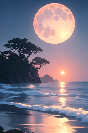 Imagine a serene, moonlit night on a tranquil sea, where a radiant blue moon hangs high in the sky, casting its ethereal glow over the water. The surface of the sea is like a mirror, reflecting the moon's luminescence in shimmering, silver-blue ripples. A gentle breeze carries the scent of salt and the soft whispers of waves lapping against the shore. The stars above twinkle like tiny diamonds, adding to the dreamlike quality of the scene. Distant silhouettes of rocky cliffs and lush, overgrown trees frame the horizon, completing this enchanting, otherworldly vista.
