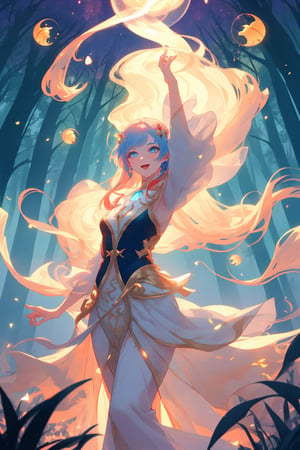 Imagine a lush, enchanting forest bathed in the soft glow of twilight. In the foreground, a handsome boy with blue eye  with flowing hair and Stand in Romantic way. They are surrounded by ethereal, glowing fireflies that dance in the air, casting a magical light. In the background, towering ancient trees blend seamlessly with futuristic elements like bioluminescent plants and mysterious, floating orbs. The sky above is a mesmerizing gradient of red and blues, hinting at an otherworldly realm beyond the horizon.
