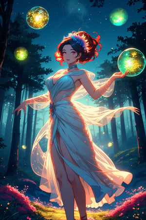 Imagine a lush, enchanting forest bathed in the soft glow of twilight. In the foreground, a beautiful girl and handsome boy with flowing hair adorned with delicate flowers stands hand in hand with a boy whose eyes sparkle with wonder. They are surrounded by ethereal, glowing fireflies that dance in the air, casting a magical light. In the background, towering ancient trees blend seamlessly with futuristic elements like bioluminescent plants and mysterious, floating orbs. The sky above is a mesmerizing gradient of red and blues, hinting at an otherworldly realm beyond the horizon.