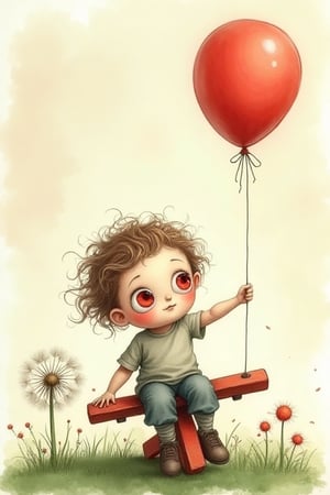 seesaw, child, balloon, dandelion, a pair of huge bloodshot eyes looking down, simple, watercolor, mottled background,