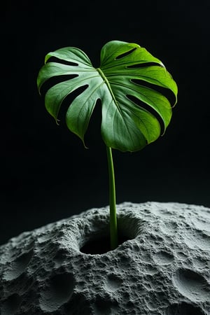 A meteorite floats like the moon. A Monstera deliciosa with only two leaves breaks through the surface of the meteorite and grows on the meteorite. The leaves of Monstera deliciosa are saturated and bright green, and the stems are thick and smooth. Monstera deliciosa is full of vitality, with a black hole as the background. Surreal, superb, masterpiece, high contrast, high image quality,