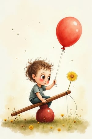 seesaw, child, balloon, dandelion, a pair of huge bloodshot eyes looking down at child, simple, watercolor, mottled background,