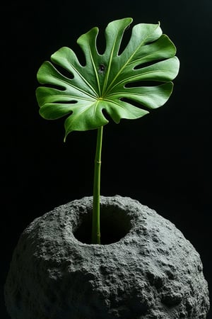 A meteorite floats like the moon. A Monstera deliciosa with only two leaves breaks through the surface of the meteorite and grows on the meteorite. The leaves of Monstera deliciosa are saturated and bright green, and the stems are thick and smooth. Monstera deliciosa is full of vitality, with a black hole as the background. Surreal, superb, masterpiece, high contrast, high image quality,