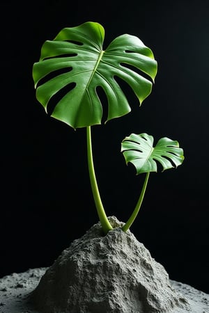 A meteorite floats like the moon. A Monstera deliciosa with only two leaves breaks through the surface of the meteorite and grows on the meteorite. The leaves of Monstera deliciosa are saturated and bright green, and the stems are thick and smooth. Monstera deliciosa is full of vitality, with a black hole as the background. Surreal, superb, masterpiece, high contrast, high image quality,