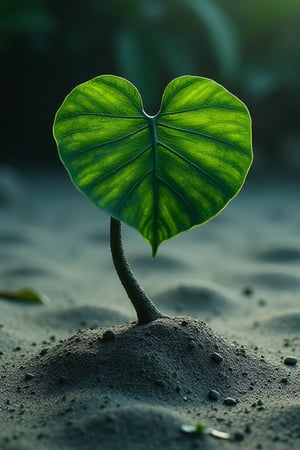 A Monstera deliciosa with only two leaves grows on land that looks like the surface of the moon. The leaves are as bright as emerald green, the branches are thick and winding and full of life, High contrast, detailed, surreal, top quality, masterpiece, high image quality.