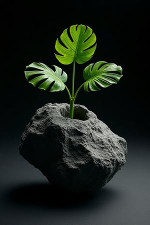 A meteorite floats like the moon. A Monstera deliciosa with only two leaves breaks through the surface of the meteorite and grows on the meteorite. The leaves of Monstera deliciosa are saturated and bright green, and the stems are thick and smooth. Monstera deliciosa is full of vitality, with a black hole as the background. Surreal, superb, masterpiece, high contrast, high image quality,