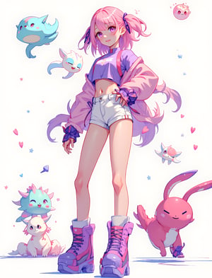 Anime-style 20yo sporty and confident 190cm tall-female character with long legs standing toward the camera,((FullBody shot)),  pink and purple color scheme, futuristic cyberpunk outfit, short white shorts, purple crop top, long pink hair with ribbons, platform boots, pastel colors, cute fantasy creatures floating nearby, energetic pose, soft lighting, kawaii aesthetic, digital art style