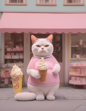 A huge Cat holding a bunch of ice creams with its paws and wearing that ice cream shop's uniform selling the ice cream, The Cat is the owner of the IceCream shop, asking for money, surrounded by ice creams selling Car and sweet shops . Closed shot, masterpiece, 8k, real cat looking, 