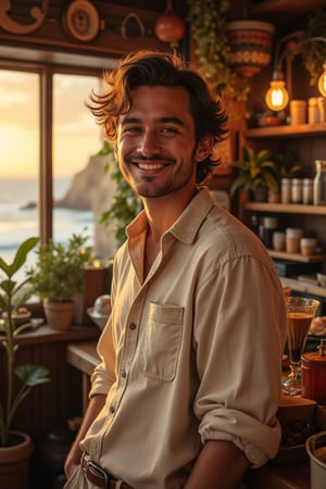 A charming café owner in his mid-20s named Benedict, with a warm, inviting smile and calm, confident expression. He stands casually behind the counter of a cozy cliffside café, dressed in a clean, stylish button-up shirt with the sleeves rolled up, giving a relaxed but put-together look. His posture is open and friendly, radiating a sense of calm and approachability, as though he genuinely enjoys listening to his customers' stories. The café interior is softly lit with warm, golden tones, surrounded by vintage decor, plants, and a view of the ocean at sunset through the window. The atmosphere feels magical yet grounded, with Benedict as the friendly, welcoming host