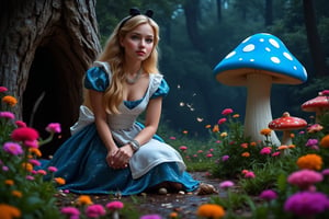 Create a notorious Alice in wonderland scene featuring Alice looking for a rabbit from wonderland in front of big tree which is a entrance to the wonderland.  The beautiful and blonde 15yr girl dressed in an elegant, sparkling gown with pearls and vintage accessories. Behind her, The background should include whimsical forest including magical, dreamy forest scene at night with a giant blue mushroom with white spots as the central focus. Surround the mushroom with vibrant, colourful flowers in various sizes and shapes, and include small, fantastical creatures like butterflies and snails. 