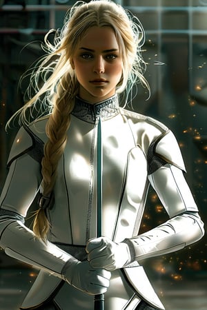 epic composition, cinematic lighting, masterpiece, a beautiful female sabre fencer, in full body white fencing uniform, she is in En Garde and holding Epee, blond hair, casting spell pose, frontal shot, fantasy background, full body portrait, dim volumetric lighting, 8k octane beautifully detailed render, intricate, 
