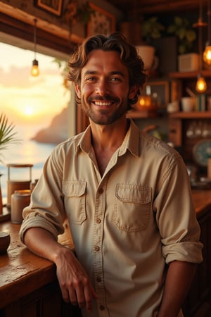 A charming café owner in his mid-30s named Benedict, with a warm, inviting smile and calm, confident expression. He stands casually behind the counter of a cozy cliffside café, dressed in a clean, stylish button-up shirt with the sleeves rolled up, giving a relaxed but put-together look. His posture is open and friendly, radiating a sense of calm and approachability, as though he genuinely enjoys listening to his customers' stories. The café interior is softly lit with warm, golden tones, surrounded by vintage decor, plants, and a view of the ocean at sunset through the window. The atmosphere feels magical yet grounded, with Benedict as the friendly, welcoming host