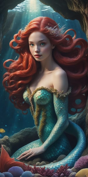 a little mermaid  with white porcelain skin pierced with red Intricate details, very realistic cinematic lighting, Color ink painting in Moebius comic book style,
A little mermaid from Disney with colorful tail fin, gorgeous female (:1.1) ,vibrant long curly red hair, from seashore background, detailed art, 300dpi,  upscaled 8K,  masterpiece, finest quality art, perfect anatomy,  vividly immersive art 
(She looks toward the camera, and grasps her hands toward the audience with a tearing face as if asking for help.) (only the upper body)(Giant Tree's Root Whirlpool)
Telephoto lens. Dramatic Tension. Perfect composition, masterpiece, depressing atmosphere. Her hand grasped forward. Surrounded by starlight fireflies. Use more rich colors