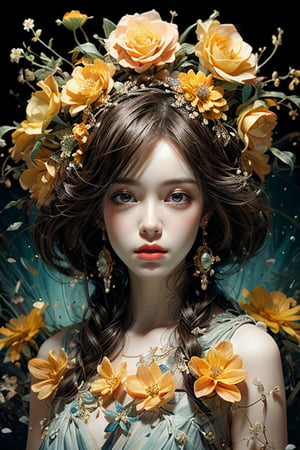 A girl, The dreamy portrait of a beautiful girl, centered, perfectly composed, blends Klimpt's art style to present a harmonious dream where reality and fantasy are blurred.,Flowerry goddess, Full Fantasy Flower,fangao