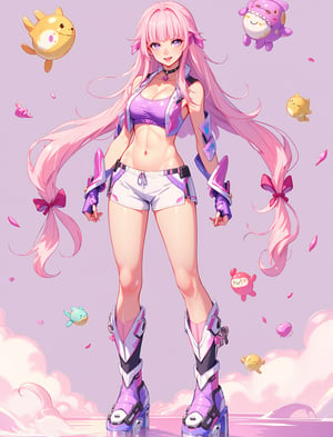 Anime-style 20yo sporty and confident 190cm tall-female character with long legs standing toward the camera,((FullBody shot)),  pink and purple color scheme, futuristic cyberpunk outfit, short white shorts, purple crop top, long pink hair with ribbons, platform boots, pastel colors, cute fantasy creatures floating nearby, energetic pose, soft lighting, kawaii aesthetic, digital art style