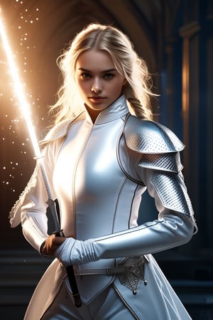 epic composition, cinematic lighting, masterpiece, a beautiful female sabre fencer, in full body white fencing uniform, she is in En Garde and holding Epee, blond hair, casting spell pose, frontal shot, fantasy background, full body portrait, dim volumetric lighting, 8k octane beautifully detailed render, intricate,