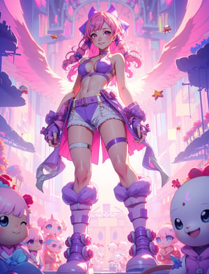 Anime-style 20yo sexy female character standing toward the camera,((FullBody shot)),  pink and purple color scheme, futuristic cyberpunk outfit, short white shorts, purple crop top, long pink hair with ribbons, platform boots, pastel colors, cute fantasy creatures floating nearby, energetic pose, soft lighting, kawaii aesthetic, digital art style