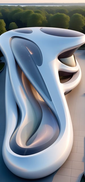 (master piece)(biomorphic building), smooth facade, zaha hadid, glass windows,  '90s warm light,concrete, Natural forest environment,minimalism, house with radiance , front street view,photo-realistic,hyper-realistic, parametric architecture,8k, ultra details,Low-rise building,Manufactured goods,Theatre stadium, Future Tower,ellipsoid,tarmac,Air terminal,seaside,musicality,less 
perforation,Tall and straight,freshness,Wide open space,Distant view,newage,

An architectural wonder with a daring configuration and ground-breaking design.This structure could be a museum or a company building.4k image photo like,(detailed),Futuristic,Design,water,The wind,