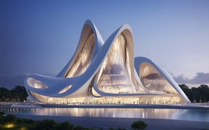 (master piece)(biomorphic building), smooth facade, zaha hadid, glass windows,  '90s warm light,concrete, Natural forest environment,minimalism, house with radiance , front street view,photo-realistic,hyper-realistic, parametric architecture,8k, ultra details,Low-rise building,Manufactured goods,Theatre stadium, Future Tower,ellipsoid,tarmac,Air terminal,seaside,musicality,less 
perforation,Tall and straight,freshness,Wide open space,Distant view,newage,At nightfall,

An architectural wonder with a daring configuration and ground-breaking design.This structure could be a museum or a company building.4k image photo like,(detailed),Futuristic,Design,water,The wind,