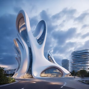 (master piece)(biomorphic building), smooth facade, zaha hadid, glass windows,  '90s warm light,concrete, Natural forest environment,minimalism, house with radiance , front street view,photo-realistic,hyper-realistic, parametric architecture,8k, ultra details,Low-rise building,Manufactured goods,Theatre stadium, Future Tower,ellipsoid,tarmac,Air terminal,seaside,musicality,less 
perforation,Tall and straight,freshness,Wide open space,Distant view,newage,At nightfall,Hale and hearty,Hard line,,
Nordic style,
An architectural wonder with a daring configuration and ground-breaking design.This structure could be a museum or a company building.4k image photo like,(detailed),Futuristic,Design,water,The wind,