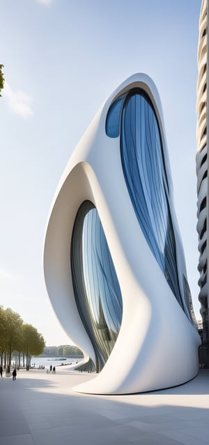 (master piece)(biomorphic building), smooth facade, zaha hadid, glass windows,  concrete, minimalism,London house with tesselated facade, front street view,photo-realistic,hyper-realistic, parametric architecture,8k, ultra details,Low-rise building,Manufactured goods,Theatre stadium,Eiffel Tower,ellipsoid,tarmac,Air terminal,seaside,musicality,less 
perforation,Tall and straight,freshness,Wide open space,

An architectural wonder with a daring configuration and ground-breaking design.This structure could be a museum or a company building.4k image photo like,(detailed),Futuristic,Design,water,The wind,