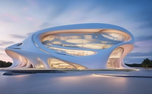 (master piece)(biomorphic building), smooth facade, zaha hadid, glass windows,  '90s warm light,concrete, Natural forest environment,minimalism, house with radiance , front street view,photo-realistic,hyper-realistic, parametric architecture,8k, ultra details,Low-rise building,Manufactured goods,Theatre stadium, Future Tower,ellipsoid,tarmac,Air terminal,seaside,musicality,less 
perforation,Tall and straight,freshness,Wide open space,Distant view,newage,At nightfall,Hard line,
Nordic style.
An architectural wonder with a daring configuration and ground-breaking design.This structure could be a museum or a company building.4k image photo like,(detailed),Futuristic,Design,water,The wind,