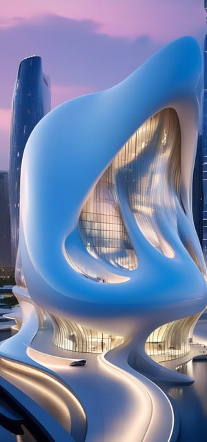 (master piece)(biomorphic building), smooth facade, zaha hadid, glass windows,  '90s warm light,concrete, Natural forest environment,minimalism, house with radiance , front street view,photo-realistic,hyper-realistic, parametric architecture,8k, ultra details,Low-rise building,Manufactured goods,Theatre stadium, Future Tower,ellipsoid,tarmac,Air terminal,seaside,musicality,less 
perforation,Tall and straight,freshness,Wide open space,Distant view,newage,At nightfall,

An architectural wonder with a daring configuration and ground-breaking design.This structure could be a museum or a company building.4k image photo like,(detailed),Futuristic,Design,water,The wind,