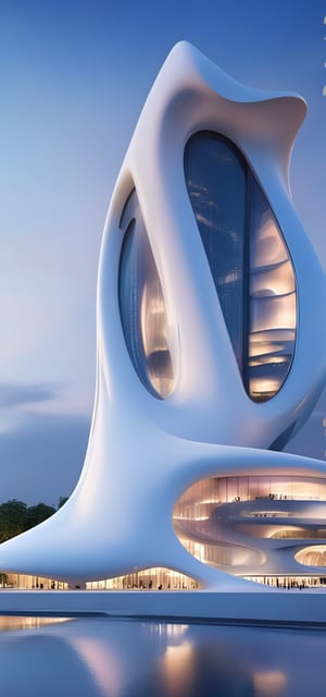 (master piece)(biomorphic building), smooth facade, zaha hadid, glass windows,  '90s warm light,concrete, Natural forest environment,minimalism, house with radiance , front street view,photo-realistic,hyper-realistic, parametric architecture,8k, ultra details,Low-rise building,Manufactured goods,Theatre stadium, Future Tower,ellipsoid,tarmac,Air terminal,seaside,musicality,less 
perforation,Tall and straight,freshness,Wide open space,Distant view,newage,At nightfall,

An architectural wonder with a daring configuration and ground-breaking design.This structure could be a museum or a company building.4k image photo like,(detailed),Futuristic,Design,water,The wind,