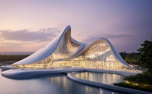 (master piece)(biomorphic building), smooth facade, zaha hadid, glass windows,  '90s warm light,concrete, Natural forest environment,minimalism, house with radiance , front street view,photo-realistic,hyper-realistic, parametric architecture,8k, ultra details,Low-rise building,Manufactured goods,Theatre stadium, Future Tower,ellipsoid,tarmac,Air terminal,seaside,musicality,less 
perforation,Tall and straight,freshness,Wide open space,Distant view,newage,At nightfall,

An architectural wonder with a daring configuration and ground-breaking design.This structure could be a museum or a company building.4k image photo like,(detailed),Futuristic,Design,water,The wind,