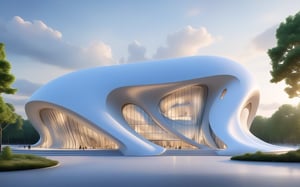 (master piece)(biomorphic building), smooth facade, zaha hadid, glass windows,  '90s warm light,concrete, Natural forest environment,minimalism, house with radiance , front street view,photo-realistic,hyper-realistic, parametric architecture,8k, ultra details,Low-rise building,Manufactured goods,Theatre stadium,Eiffel Tower,ellipsoid,tarmac,Air terminal,seaside,musicality,less 
perforation,Tall and straight,freshness,Wide open space,Distant view,newage,

An architectural wonder with a daring configuration and ground-breaking design.This structure could be a museum or a company building.4k image photo like,(detailed),Futuristic,Design,water,The wind,