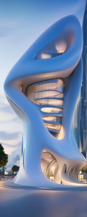 (master piece)(biomorphic building), smooth facade, zaha hadid, glass windows,  '90s warm light,concrete, Natural forest environment,minimalism, house with radiance , front street view,photo-realistic,hyper-realistic, parametric architecture,8k, ultra details,Low-rise building,Manufactured goods,Theatre stadium, Future Tower,ellipsoid,tarmac,Air terminal,seaside,musicality,less 
perforation,Tall and straight,freshness,Wide open space,Distant view,newage,At nightfall,Hale and hearty,Hard line,

An architectural wonder with a daring configuration and ground-breaking design.This structure could be a museum or a company building.4k image photo like,(detailed),Futuristic,Design,water,The wind,