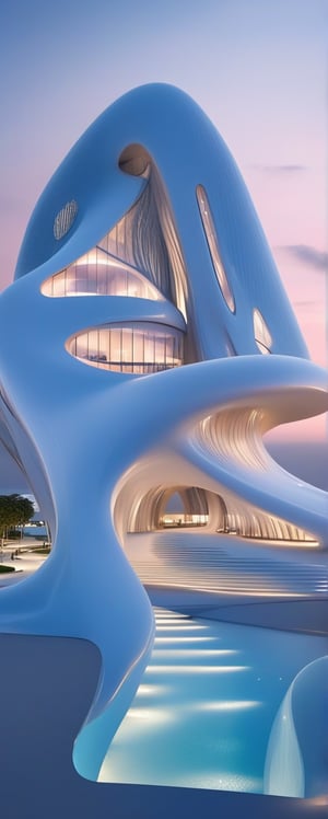 (master piece)(biomorphic building), smooth facade, zaha hadid, glass windows,  '90s warm light,concrete, Natural forest environment,minimalism, house with radiance , front street view,photo-realistic,hyper-realistic, parametric architecture,8k, ultra details,Low-rise building,Manufactured goods,Theatre stadium, Future Tower,ellipsoid,tarmac,Air terminal,seaside,musicality,less 
perforation,Tall and straight,freshness,Wide open space,Distant view,newage,At nightfall,Hard line,

An architectural wonder with a daring configuration and ground-breaking design.This structure could be a museum or a company building.4k image photo like,(detailed),Futuristic,Design,water,The wind,