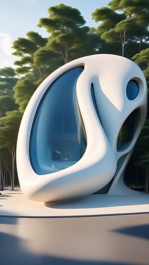 (master piece)(biomorphic building), smooth facade, zaha hadid, glass windows,  '90s warm light,concrete, Natural forest environment,minimalism, house with radiance , front street view,photo-realistic,hyper-realistic, parametric architecture,8k, ultra details,Low-rise building,Manufactured goods,Theatre stadium, Tower,ellipsoid,tarmac,Air terminal,seaside,musicality,less 
perforation,Tall and straight,freshness,Wide open space,Distant view,newage,

An architectural wonder with a daring configuration and ground-breaking design.This structure could be a museum or a company building.4k image photo like,(detailed),Futuristic,Design,water,The wind,