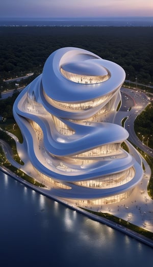 (master piece)(biomorphic building), smooth facade, zaha hadid, glass windows,  '90s warm light,concrete, Natural forest environment,minimalism, house with radiance , front street view,photo-realistic,hyper-realistic, parametric architecture,8k, ultra details,Low-rise building,Manufactured goods,Theatre stadium, Future Tower,ellipsoid,tarmac,Air terminal,seaside,musicality,less 
perforation,Tall and straight,freshness,Wide open space,Distant view,newage,At nightfall,

An architectural wonder with a daring configuration and ground-breaking design.This structure could be a museum or a company building.4k image photo like,(detailed),Futuristic,Design,water,The wind,