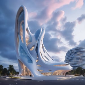 (master piece)(biomorphic building), smooth facade, zaha hadid, glass windows,  '90s warm light,concrete, Natural forest environment,minimalism, house with radiance , front street view,photo-realistic,hyper-realistic, parametric architecture,8k, ultra details,Low-rise building,Manufactured goods,Theatre stadium, Future Tower,ellipsoid,tarmac,Air terminal,seaside,musicality,less 
perforation,Tall and straight,freshness,Wide open space,Distant view,newage,At nightfall,Hale and hearty,Hard line,,
Nordic style,
An architectural wonder with a daring configuration and ground-breaking design.This structure could be a museum or a company building.4k image photo like,(detailed),Futuristic,Design,water,The wind,