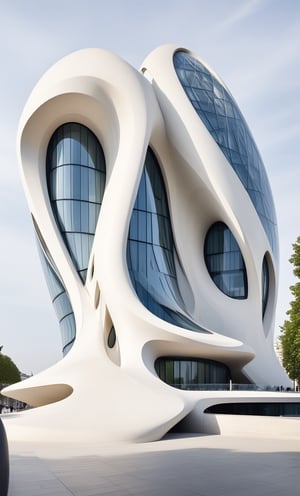 (master piece)(biomorphic building), smooth facade, zaha hadid, glass windows,  concrete, minimalism,London house with tesselated facade, front street view,photo-realistic,hyper-realistic, parametric architecture,8k, ultra details,Low-rise building,Manufactured goods,Theatre stadium,Eiffel Tower,ellipsoid,tarmac,Air terminal,seaside,musicality,less 
perforation,

An architectural wonder with a daring configuration and ground-breaking design.This structure could be a museum or a company building.4k image photo like,(detailed),Futuristic,Design,water,The wind,