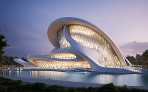 (master piece)(biomorphic building), smooth facade, zaha hadid, glass windows,  '90s warm light,concrete, Natural forest environment,minimalism, house with radiance , front street view,photo-realistic,hyper-realistic, parametric architecture,8k, ultra details,Low-rise building,Manufactured goods,Theatre stadium, Future Tower,ellipsoid,tarmac,Air terminal,seaside,musicality,less 
perforation,Tall and straight,freshness,Wide open space,Distant view,newage,At nightfall,

An architectural wonder with a daring configuration and ground-breaking design.This structure could be a museum or a company building.4k image photo like,(detailed),Futuristic,Design,water,The wind,